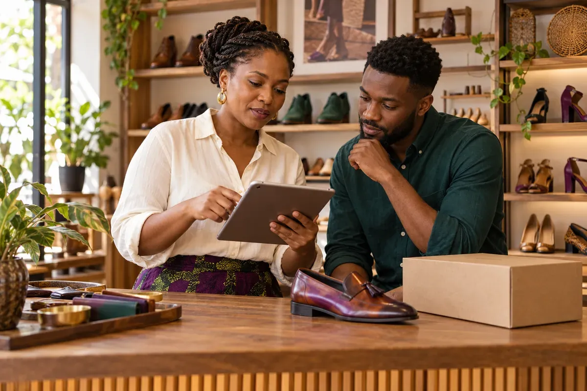 Une commerçante et son collègue préparent la présentation de leurs produits sur une tablette.