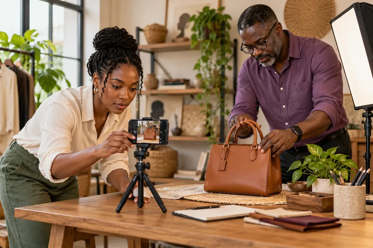 Une créatrice filme un sac pendant que le commerçant prépare sa présentation.